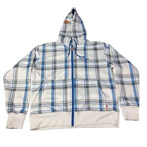 Polaris Mens Keith Curtis KC717 Plaid Full Zip Hoodie White Blue Fleece Medium
